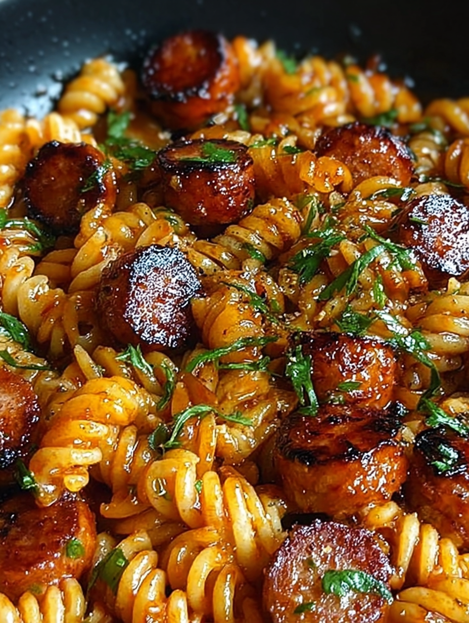 Scharfe Honig-BBQ-Hähnchenwurst & Pasta aus einer Pfanne image 2